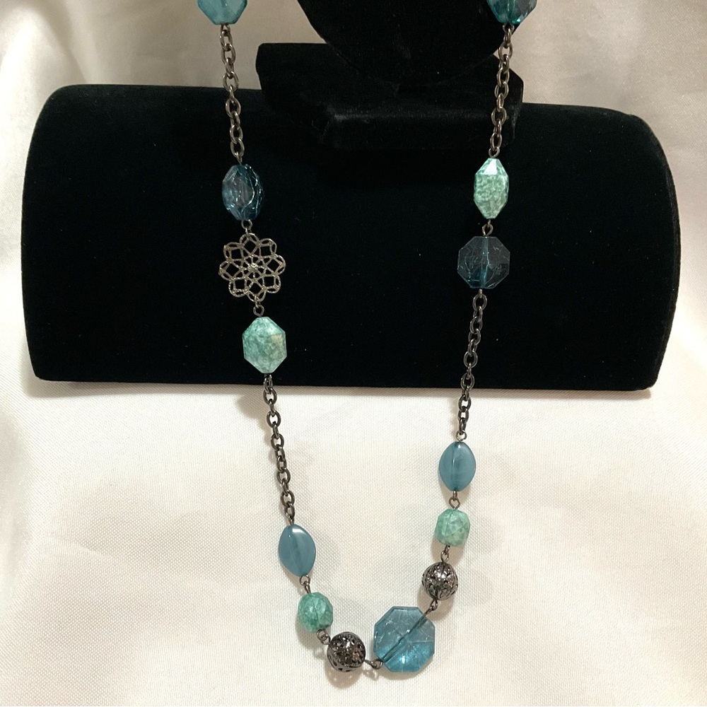 Blue Beaded Necklace on Black Chain - Picture 3 of 6